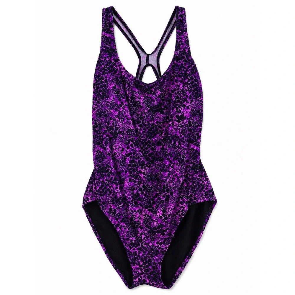Speedo Women's One Piece Swimsuit Size 18 Purple Black Animal Print Racerback At